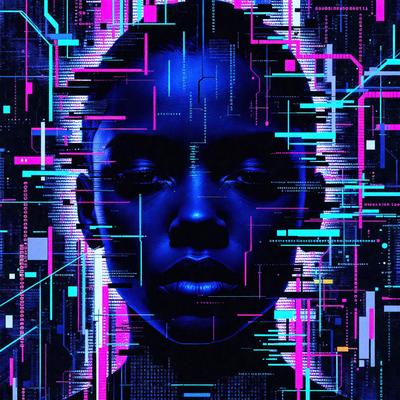 The primary subject of the image is a close-up of a woman's face, with her eyes and mouth visible. The setting is a futuristic, digital environment, likely a computer-generated or illustrated scene. The visual style is a combination of digital art and illustration, creating a unique and intriguing image. The colors and mood of the image are predominantly blue and purple, giving it a futuristic and mysterious atmosphere.